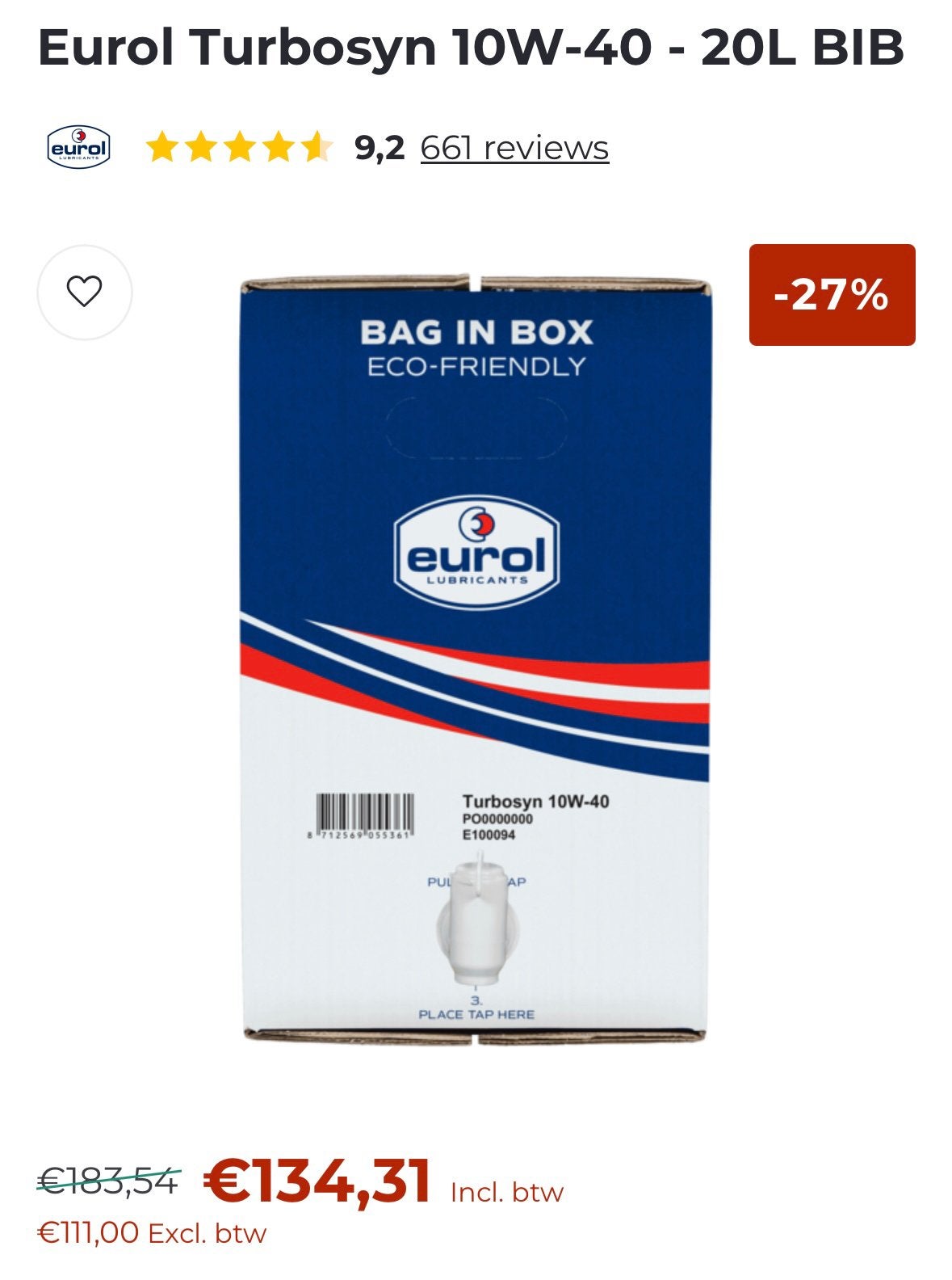 Eurol Turbosyn 10W-40 - 20L, Ophalen