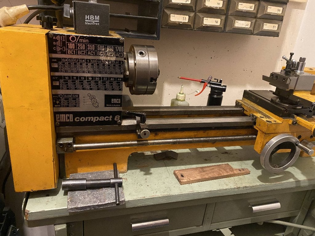 EMCO Compact 8 + mooie onderkast met laden, Doe-het-zelf en Verbouw, Ophalen, Gebruikt, Metaaldraaibank, Minder dan 500 mm