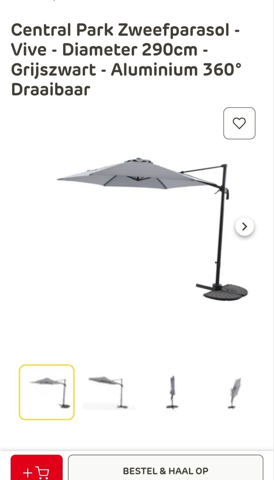 zweefparasol 3 meter met betonnen voettegels, Ophalen, Gebruikt, Kantelbaar, Zweefparasol