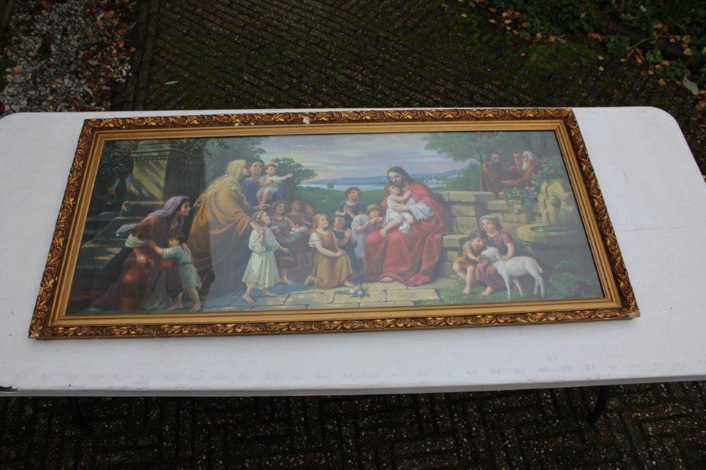 Religieus schilderij, houten antieke gouden lijst 124x58 cm, Ophalen