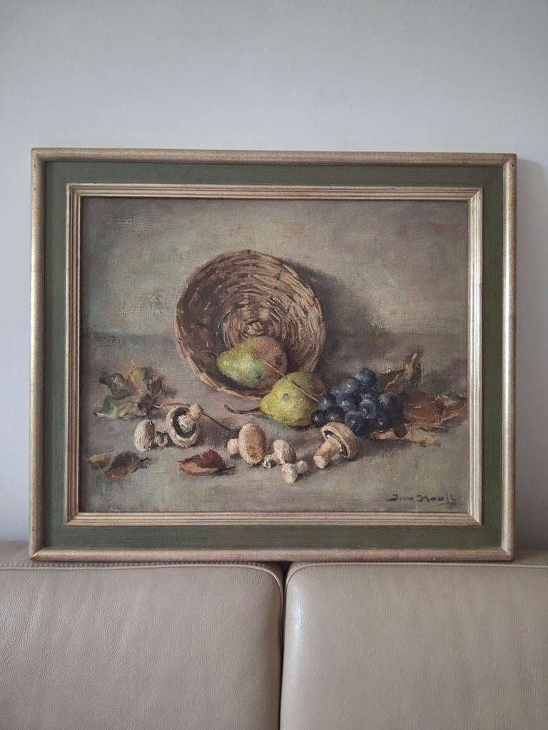 Olieverf stilleven met peren,druiven en champignons, Antiek en Kunst, Kunst | Schilderijen | Klassiek, Ophalen of Verzenden
