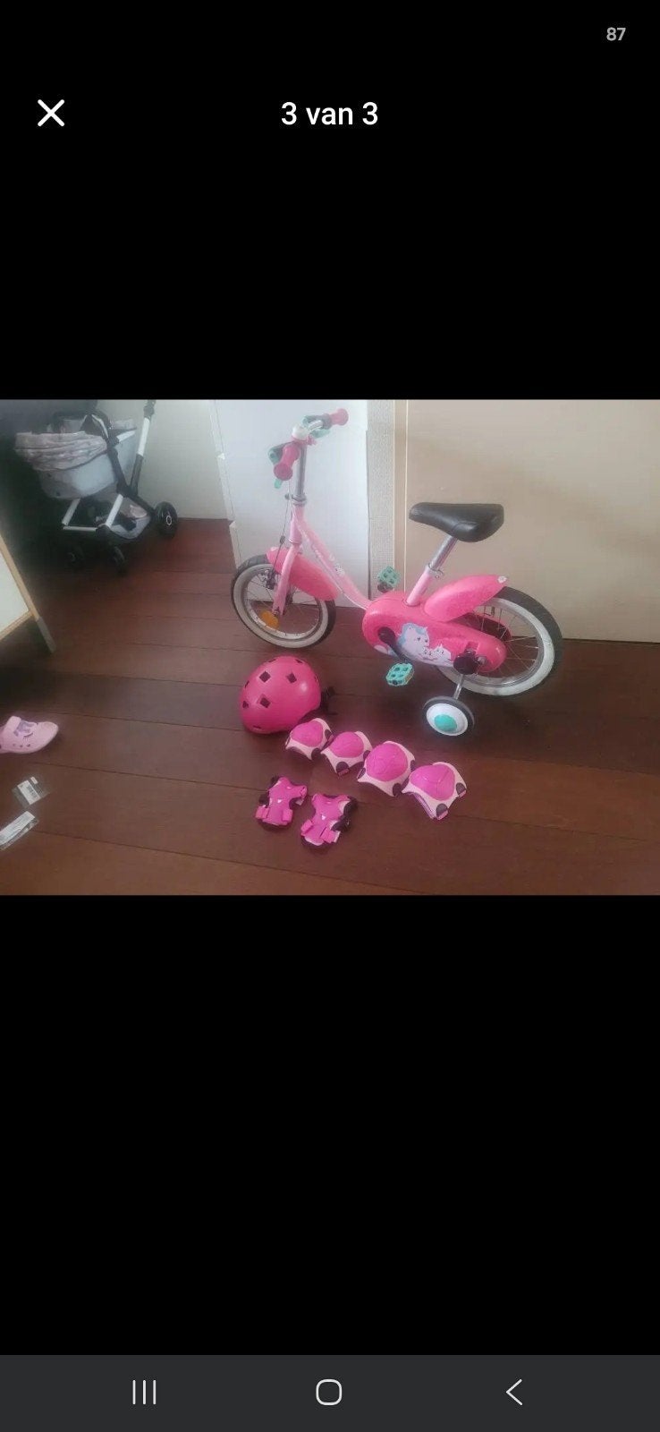 Roze 12 inch kinderfiets met zijwieltjes en beschermset, Fietsen en Brommers, Fietsen | Kinderfietsjes, Ophalen, Zijwieltjes, Gebruikt