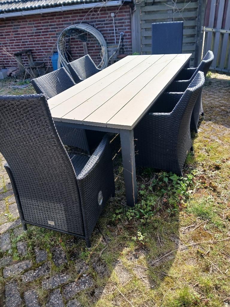 tuinstel, tafel 4 lage stoelen 2 hoge stoelen, Tuin en Terras, Ophalen, Gebruikt, Eettafel, 6 zitplaatsen