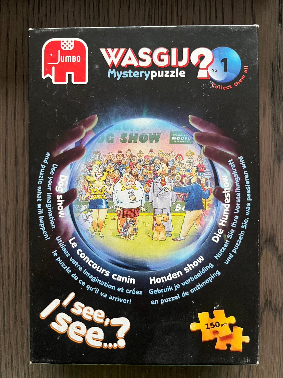 Leuke Wasgij puzzel nummer 1, met als thema een hondenshow., Ophalen of Verzenden, Minder dan 500 stukjes, Gebruikt, Legpuzzel