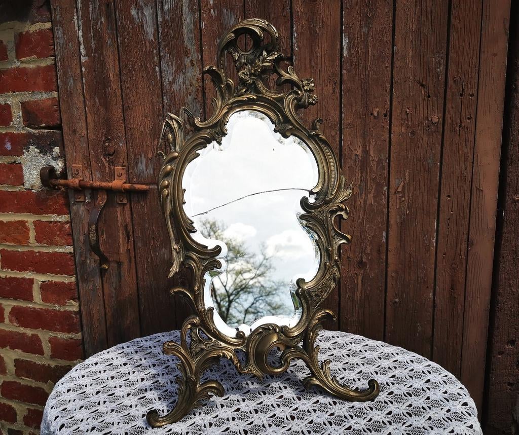 Antieke kuifspiegel artnouveau Jugendstil brons Miekje, Ophalen, Overige vormen, Minder dan 100 cm