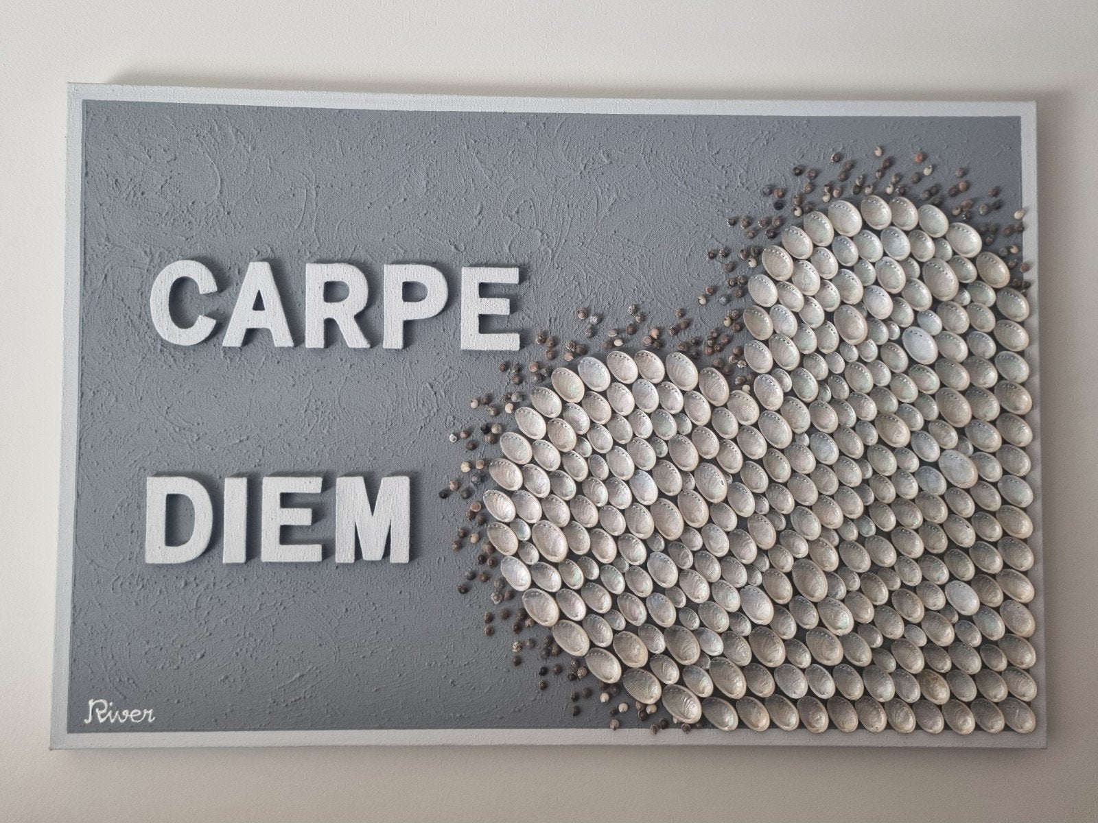 schilderij met schelpen en tekst Carpe Diem, Ophalen, 2000 tot heden