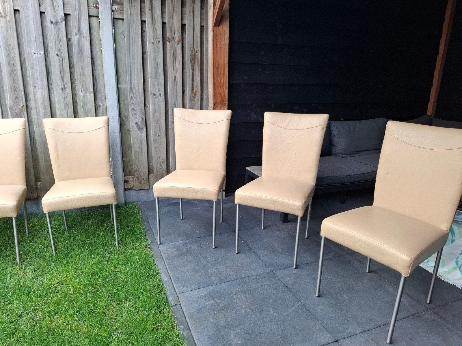 6 beige Topform eetkamerstoelen met metalen rvs poten, Ophalen, Gebruikt, Overige kleuren, Modern
