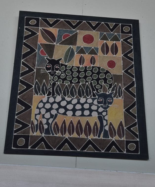 Groot Batik Schilderij - Etnische Kunst met Katten, Ophalen, Handgemaakt, Meerkleurig, Schilderij