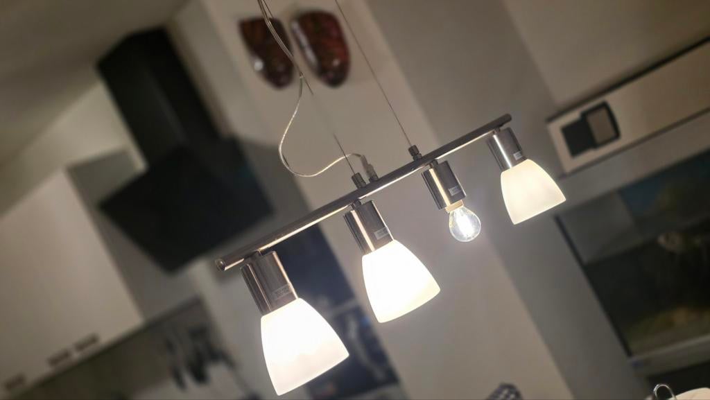 Moderne hanglamp voor eettafel - Metaal met glazen kappen, Ophalen, Gebruikt, 50 tot 75 cm, Glas