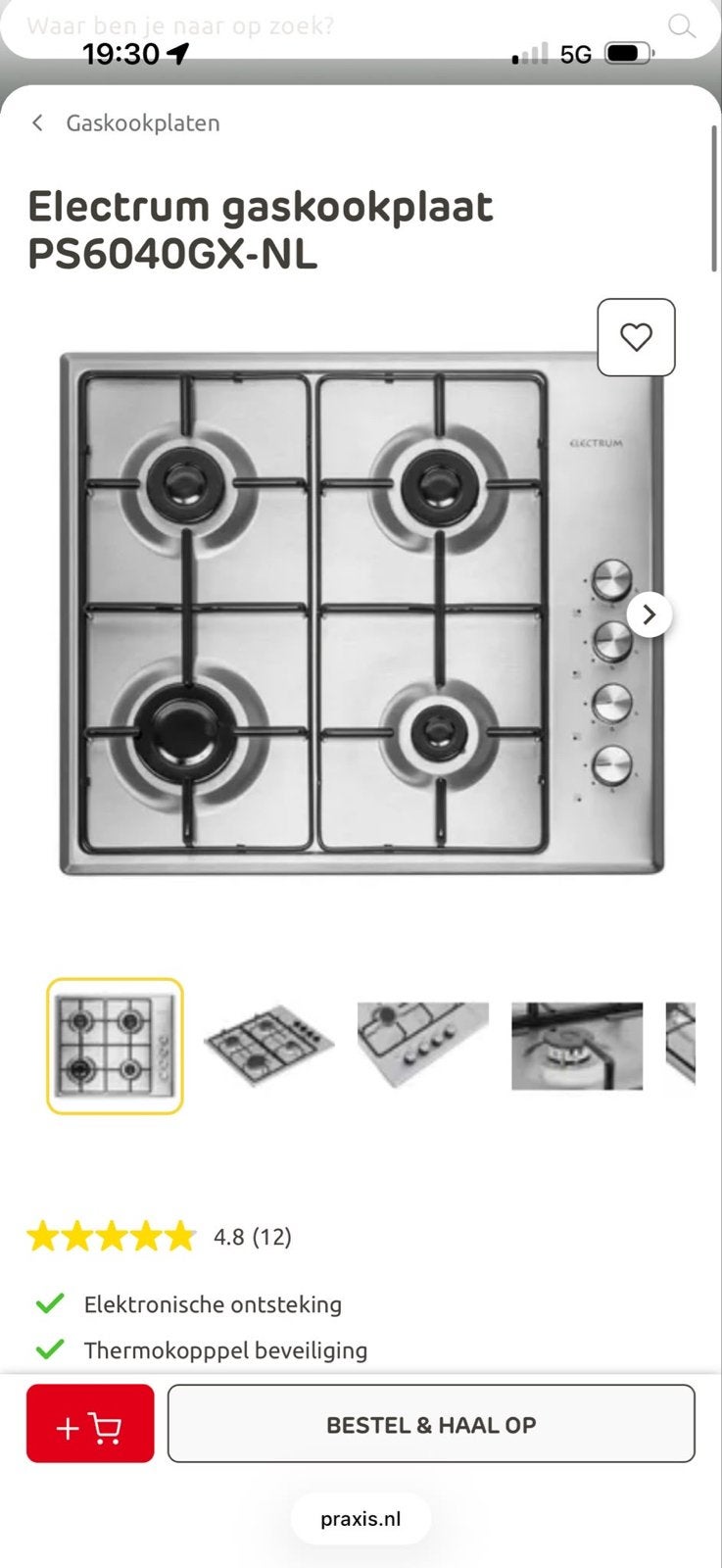 Electrum gaskookplaat PS6040GX-NL met 4 kookz nieuw in doos, Nieuw, Inbouw, Gas, 4 kookzones