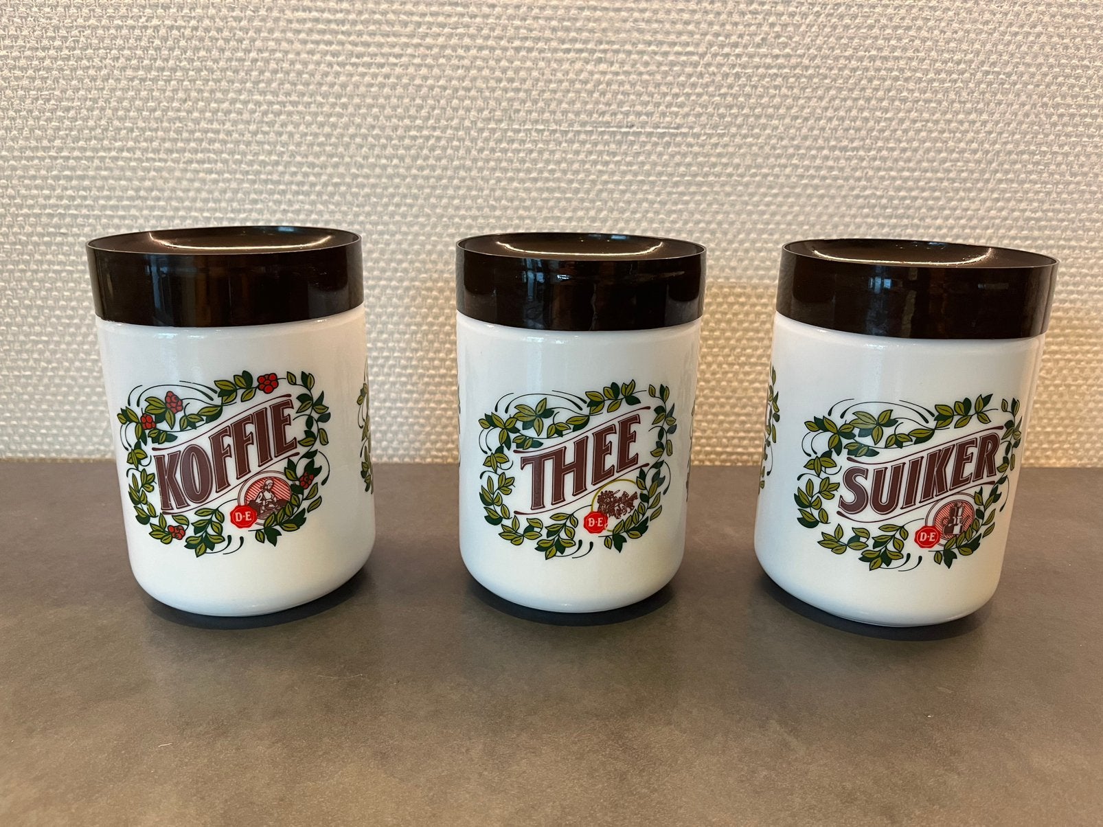 Vintage DE koffie-, thee- en suikerpotten – decoratieve set, Ophalen of Verzenden, Gebruikt, Douwe Egberts, Overige typen