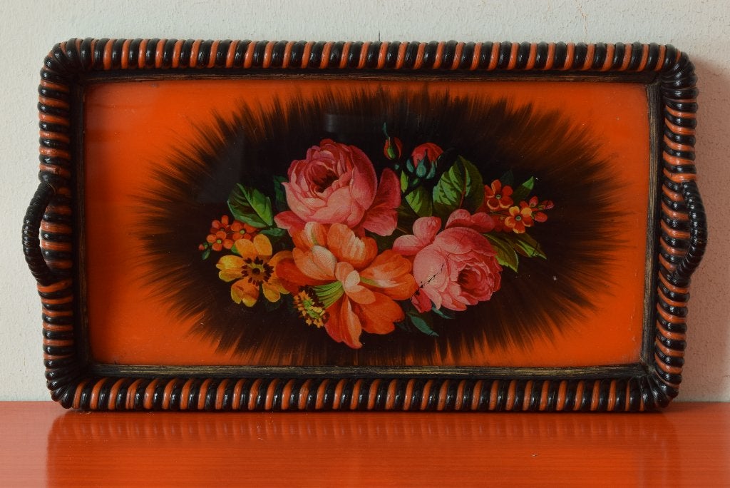 Retro vintage antiek dienblaadje met funky bloemdecor, Gebruikt, Ophalen of Verzenden, Dienblad, Rechthoekig