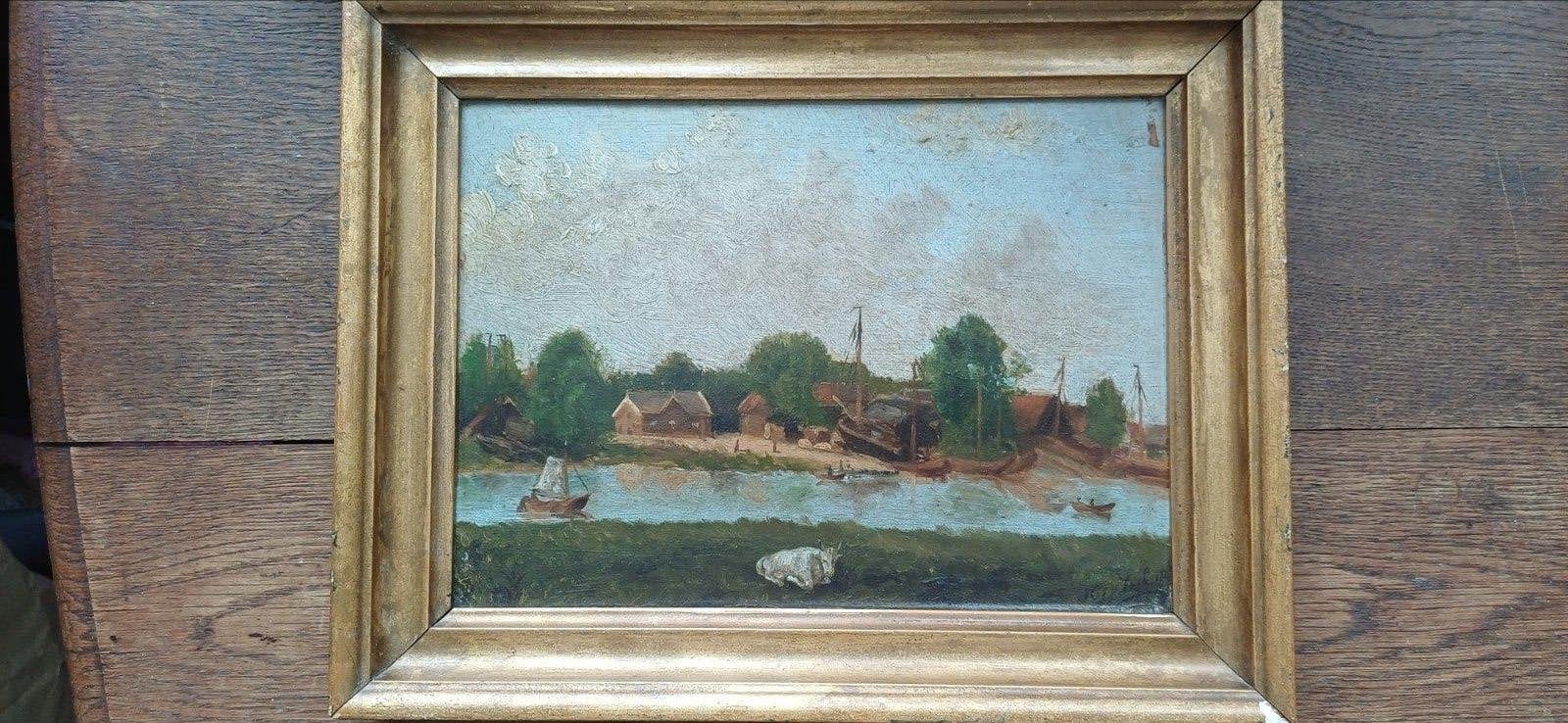 Oud Hollands Landschap Olieverf Schilderij - H.J. van Dijk, Paneel, Oud hollands, Ophalen of Verzenden, Landschap