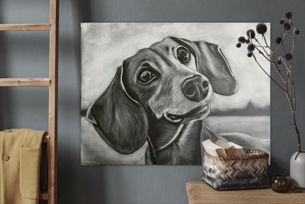 Handgemaakte Teckel op houten paneel 60 x 80 cm. Nieuw Uniek, Ophalen, Nieuw, 75 cm of meer, 50 tot 75 cm