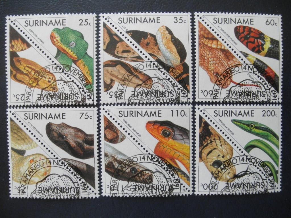 Postzegels reptielen Suriname 1991 slangen - cat.w. € 19,00., Ophalen of Verzenden, Gestempeld