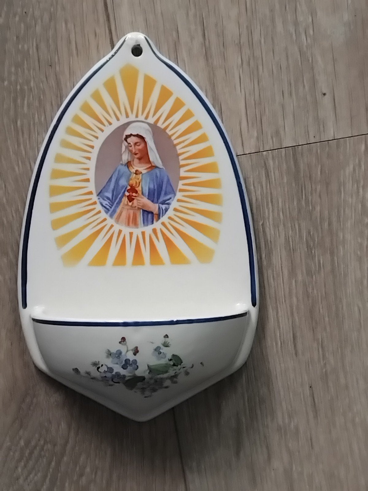 Antieke wijwaterbakje porselein met Maria-afbeelding, Ophalen of Verzenden