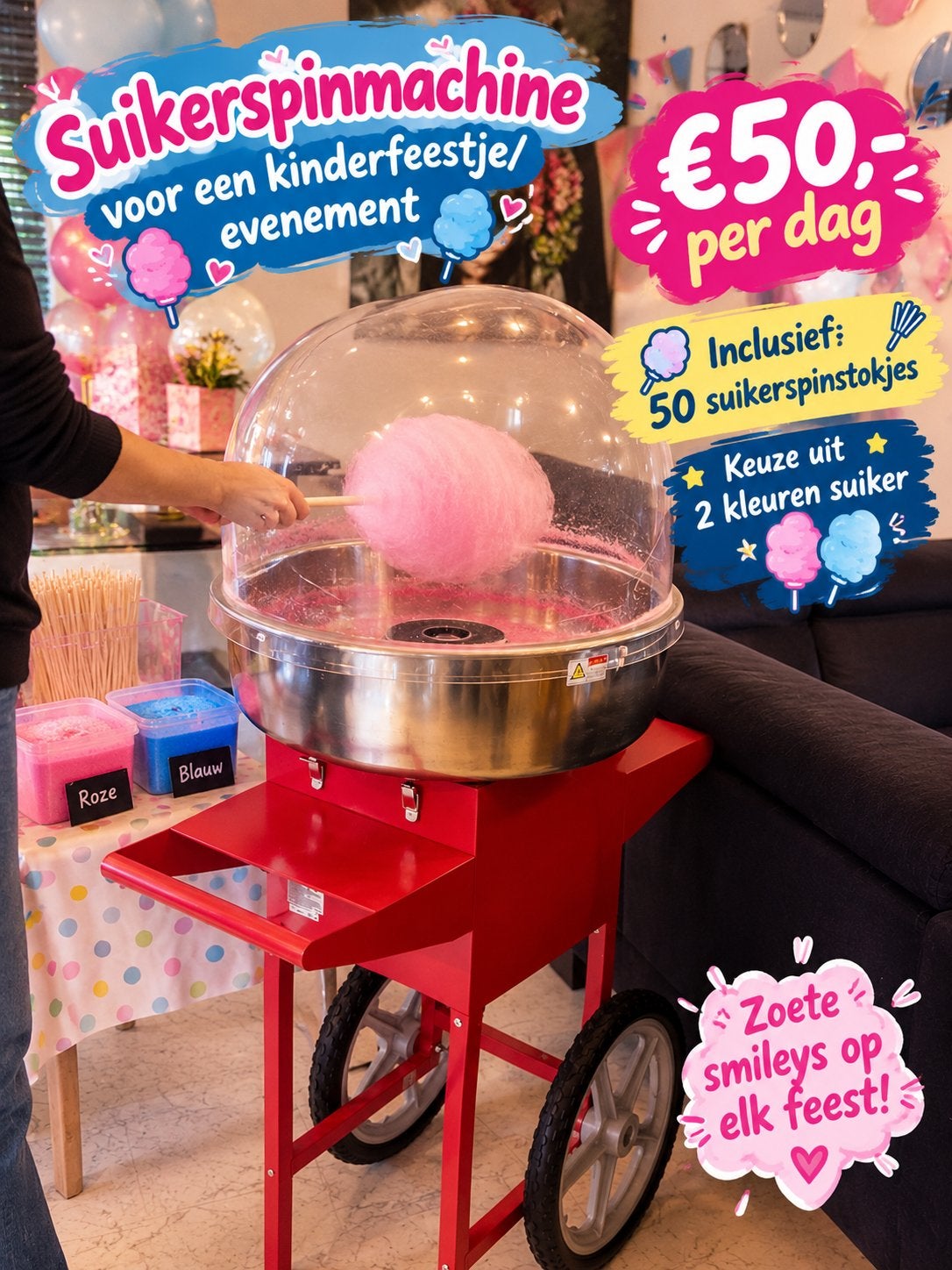 Suikerspinmachine te huur huren suikerspin suikerspinaparaat, Ophalen of Verzenden, Zo goed als nieuw, Overige