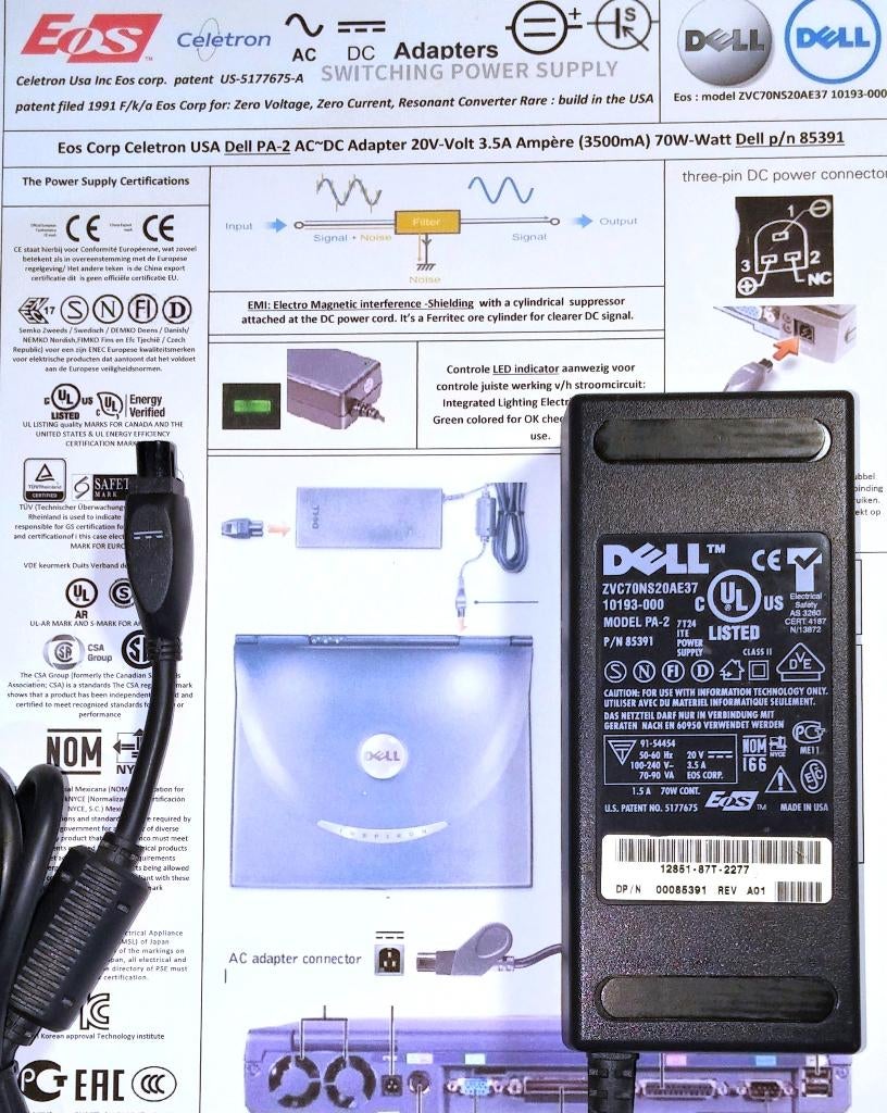 Dell PA-2 p/n 85391 Celetron USA EOS 20V 3.5A 70W 90W PEAK, Ophalen of Verzenden, Zo goed als nieuw, Dell