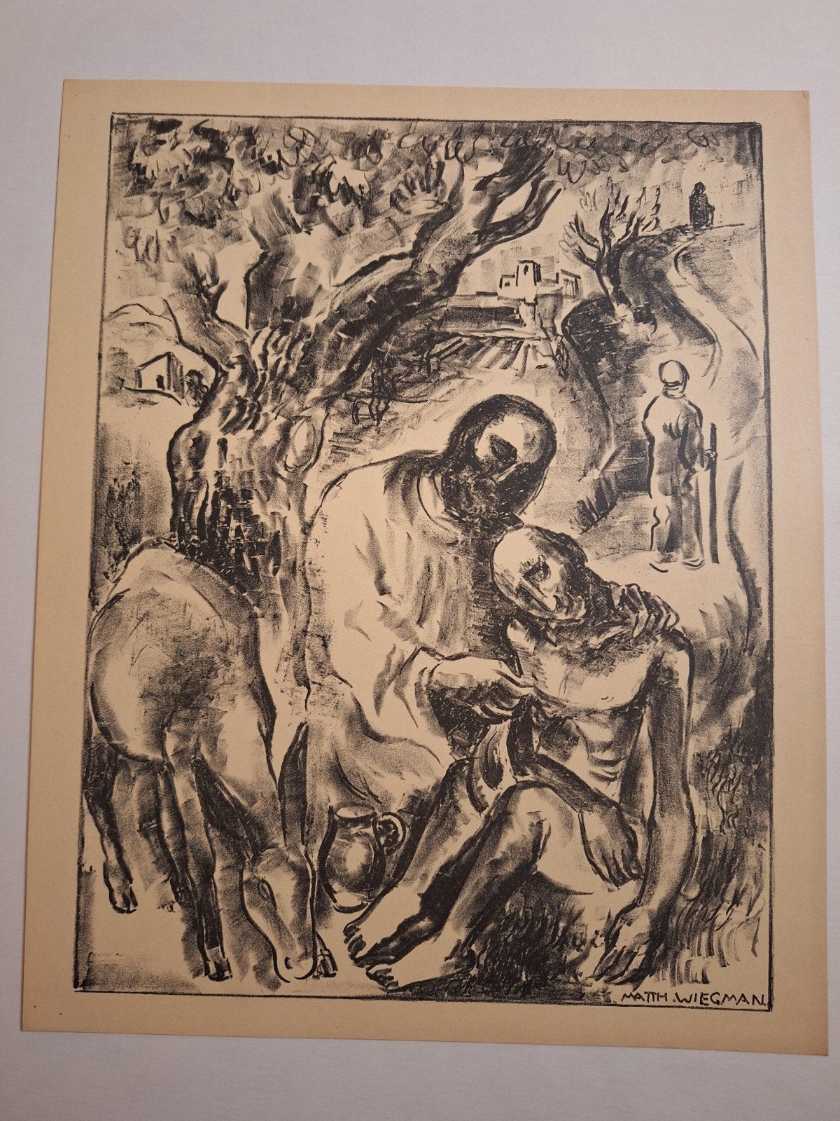 Lithografie Matth. Wiegman - De Barmhartige Samaritaan, Ophalen of Verzenden