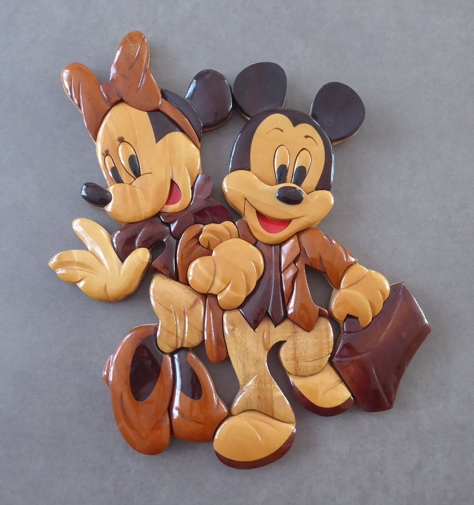 Houten wanddecoratie "Minnie en Mickey", 31 cm, 25 cm, Hout, Decoratieobject