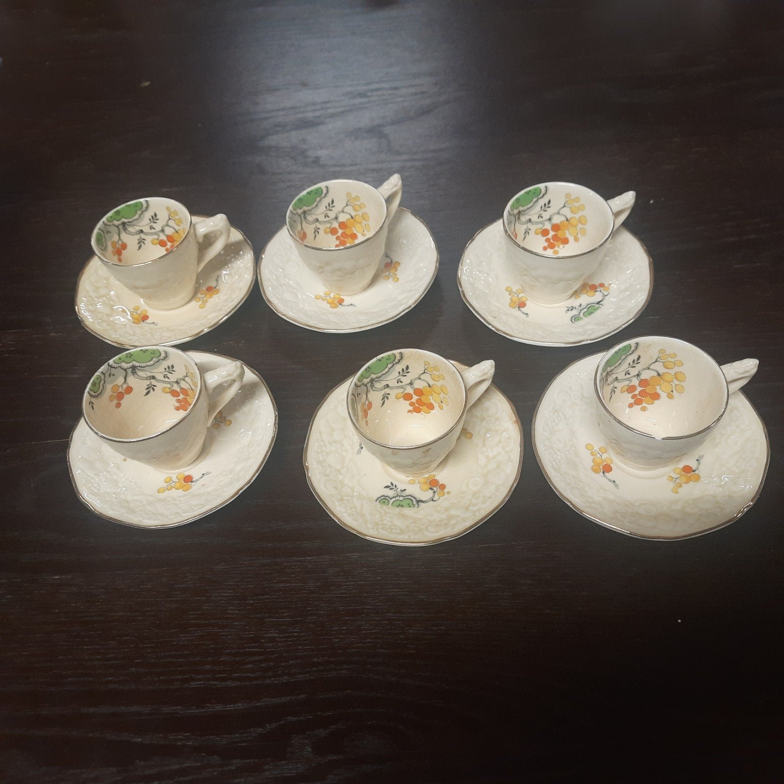 6 Vintage Crown Ducal Florentine theekopjes en schotels, Antiek en Kunst, Ophalen of Verzenden