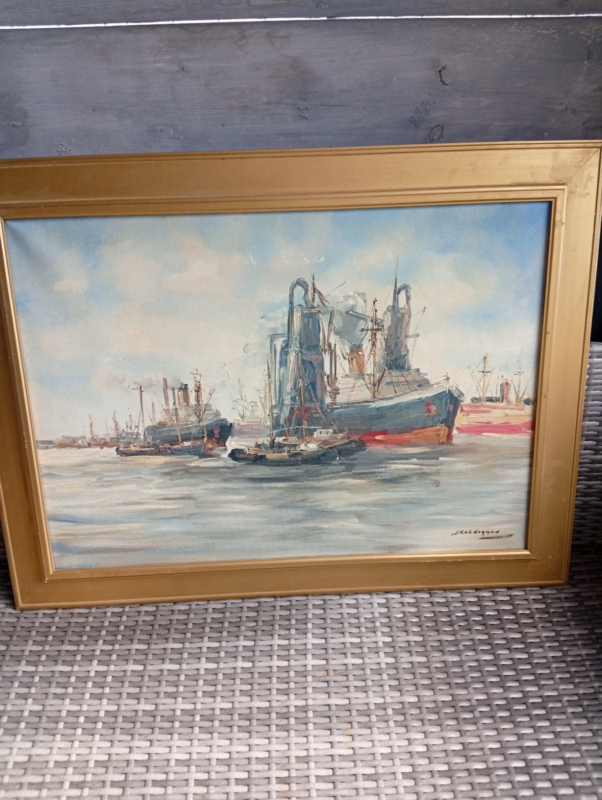 Maritiem schilderij: Schepen in de haven, Antiek en Kunst, Maritiem / water, Doek, Realistisch, Origineel werk