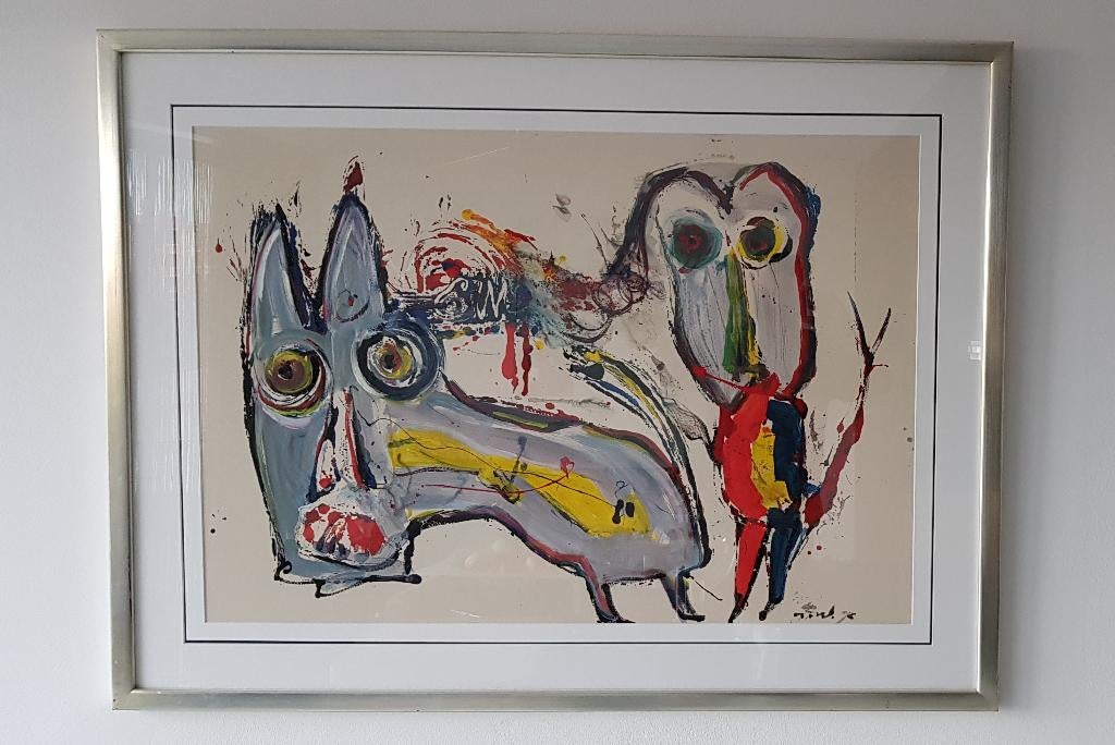 Jan te Wierik fantasie figuur hond olieverf papier 92x122cm, Antiek en Kunst, Ophalen
