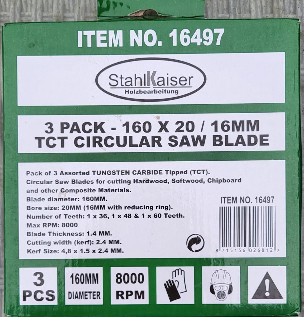 3 nieuwe ongebruikte zaagbladen - 160mm TCT Cirkelzaagbladen, Ophalen of Verzenden, Nieuw, Cirkelzaag, StahlKaiser
