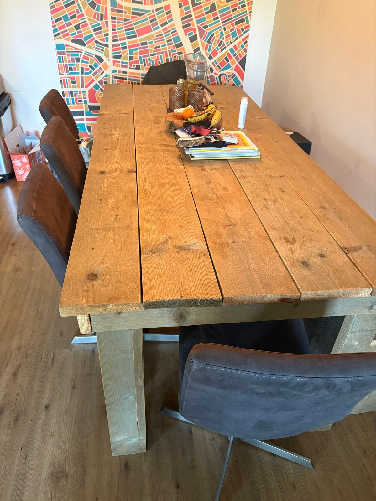 Steigerhouten eettafel met 5 stoelen en bankje, Gebruikt, Vijf personen of meer, 150 tot 200 cm, Rechthoekig