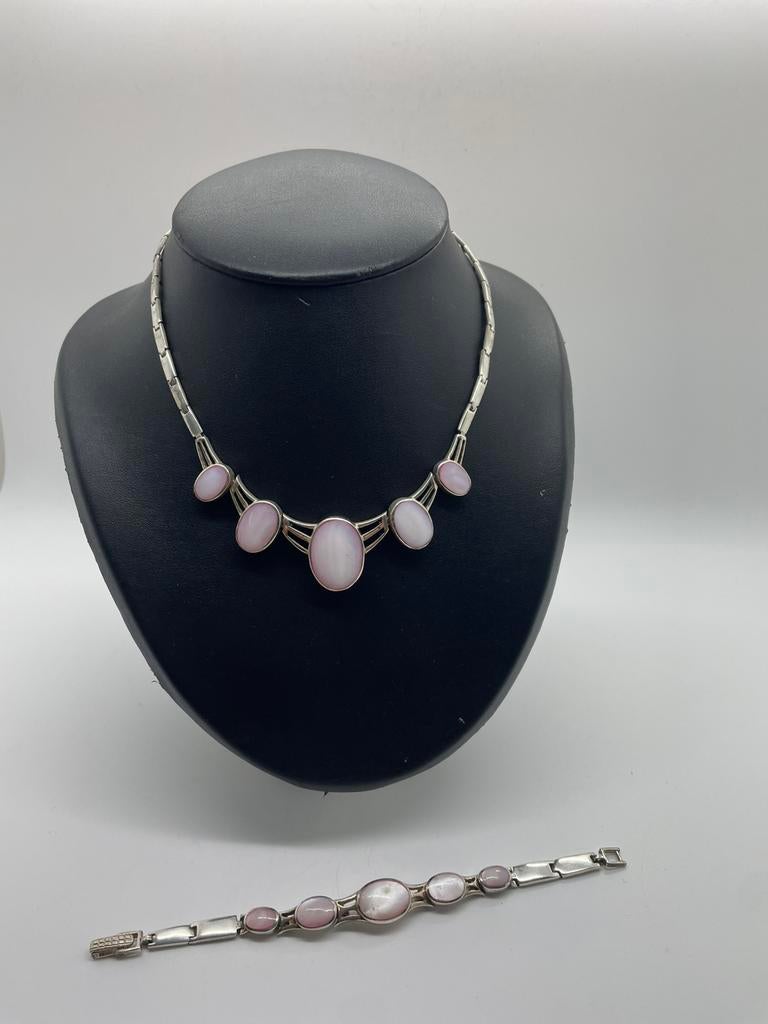 D725 Prachtige zilveren sieradenset roze parelmoer, Sieraden, Tassen en Uiterlijk, Antieke sieraden, Ophalen of Verzenden, Zilver