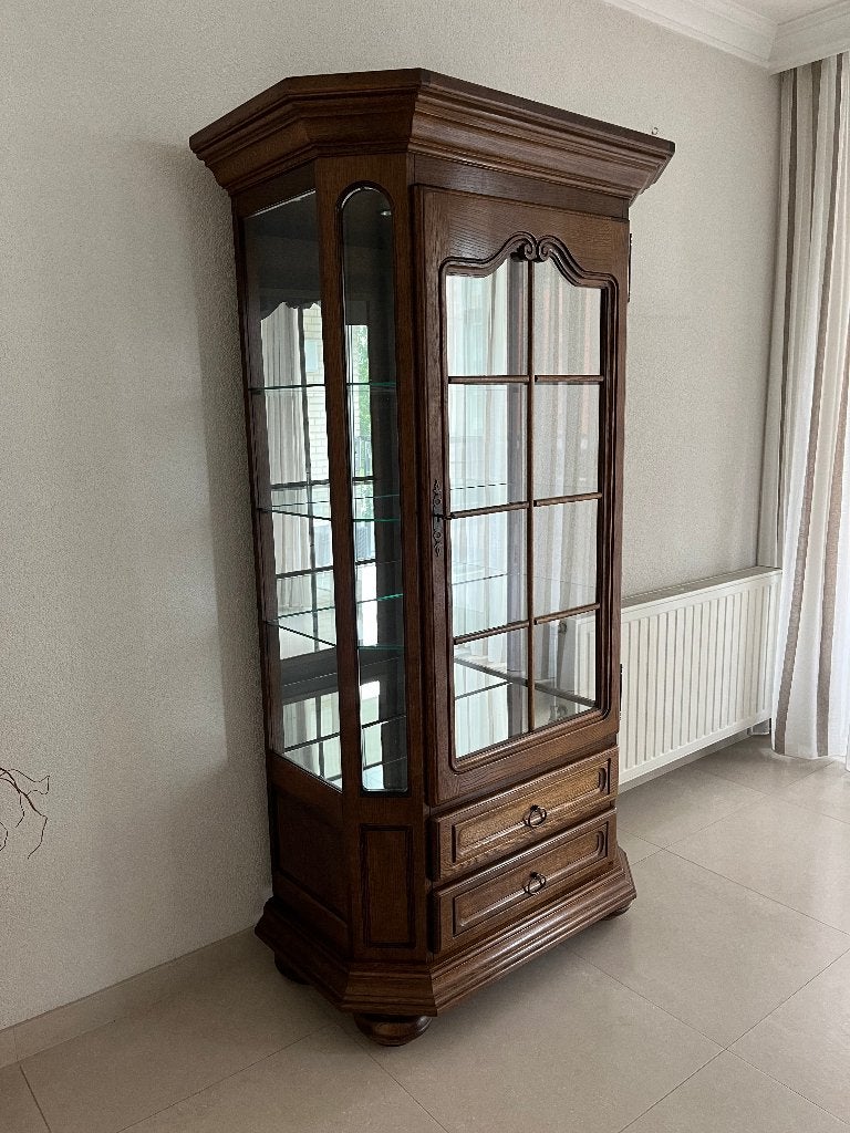eiken vitrinekast, Ophalen, Met plank(en), Glas, Gebruikt