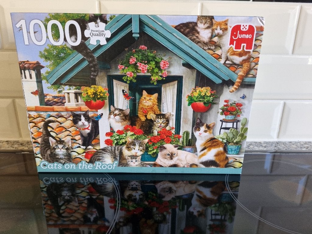 Legpuzzel Cats on the Roof Jumbo 1000st. zo leuk zgan € 3,00, Ophalen of Verzenden, 500 t/m 1500 stukjes, Zo goed als nieuw, Legpuzzel
