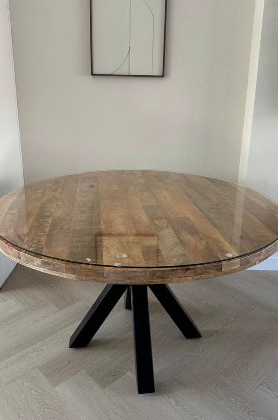 Ronde mangohouten eettafel Madison 130 cm met glasplaat, Huis en Inrichting, Tafels | Eettafels, Ophalen, 100 tot 150 cm, Rond