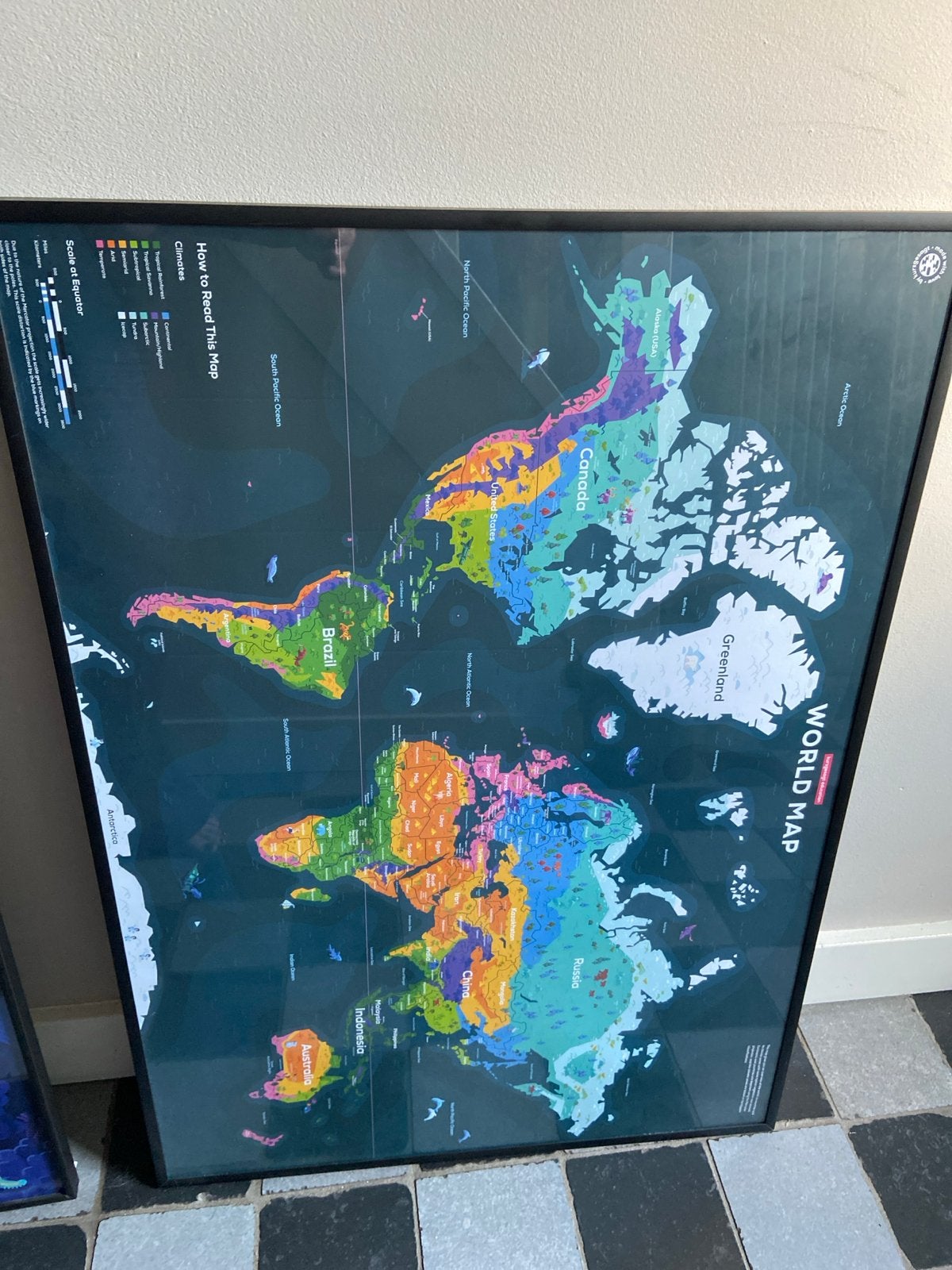 Zwarte aluminium lijst met wereldkaart poster, Ophalen, Gebruikt, Posterlijst, Met afbeelding