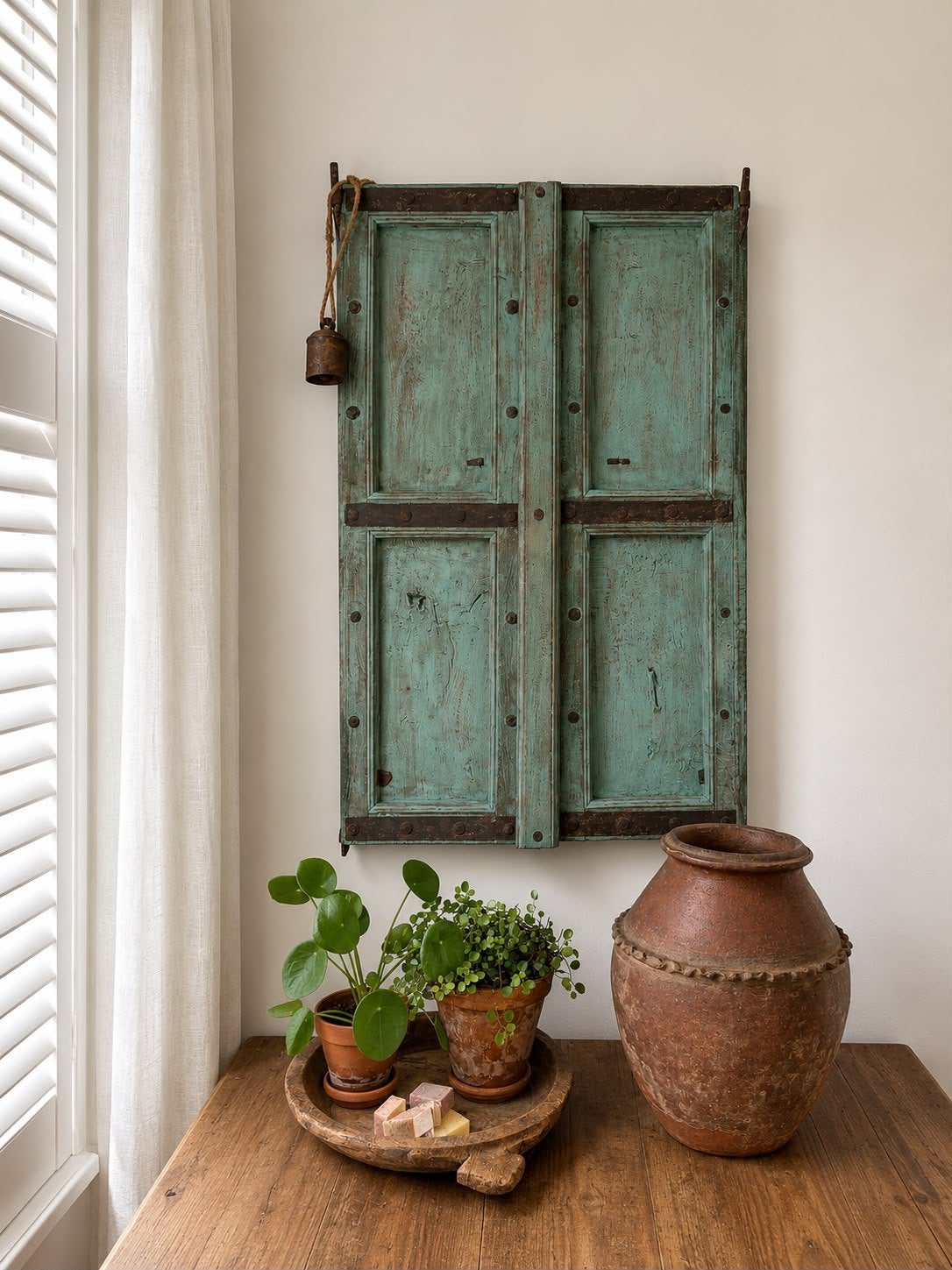 Authentiek antiek Indiaas houten luik– handgerestaureerd, Ophalen, Gebruikt, Hout, 61 cm