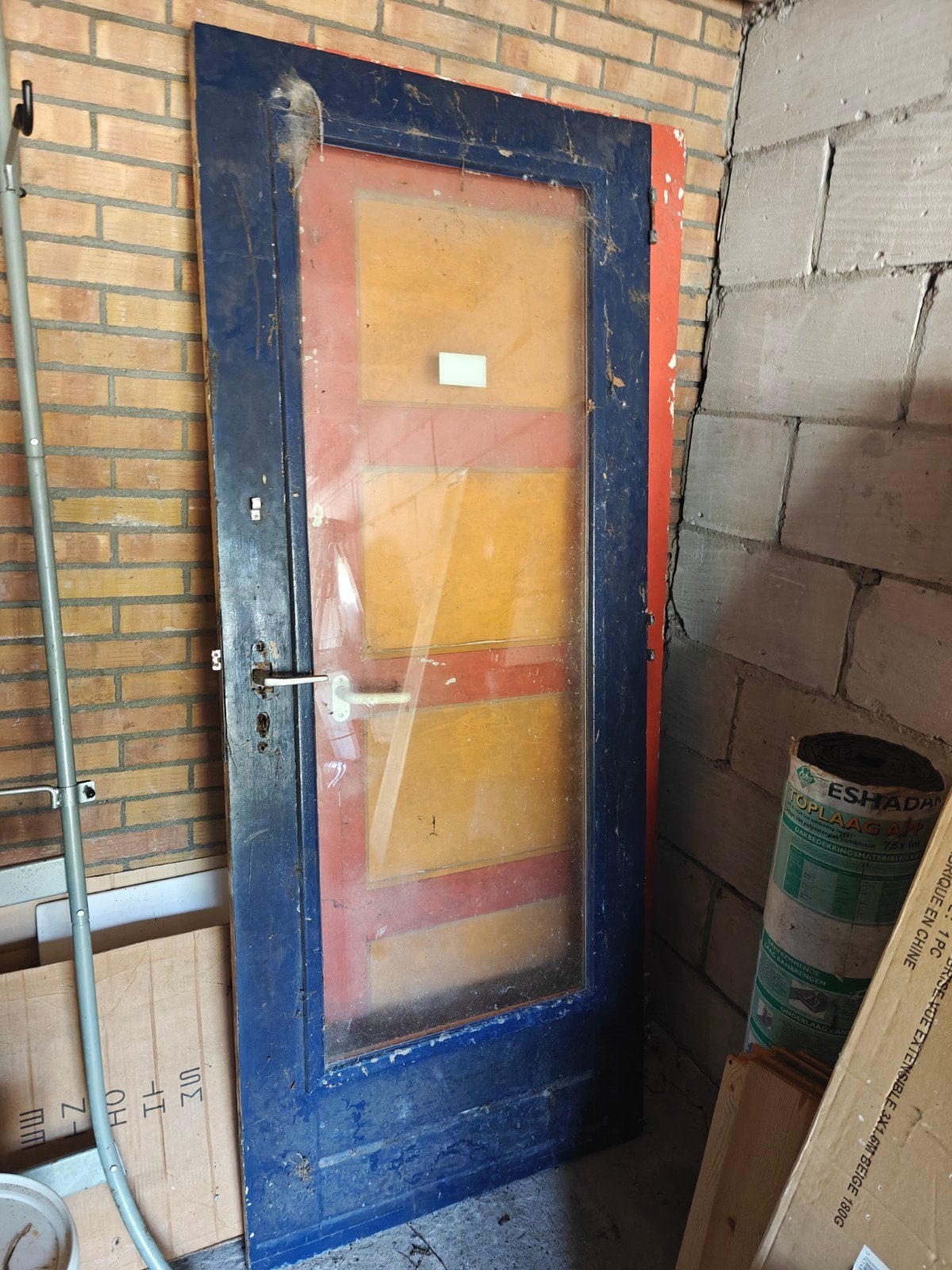 Oude houten deur met glas, 202x82 cm, Ophalen, Gebruikt, 80 tot 100 cm, 215 cm of meer