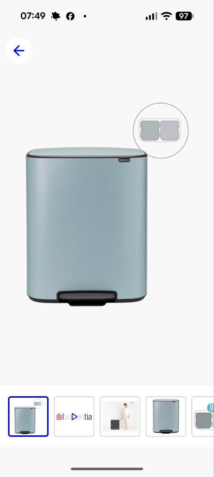 Brabantia Bo Pedaalemmer 2x30 liter metallic mint, Gebruikt, Met pedaal, 50 tot 75 cm, 40 liter of meer