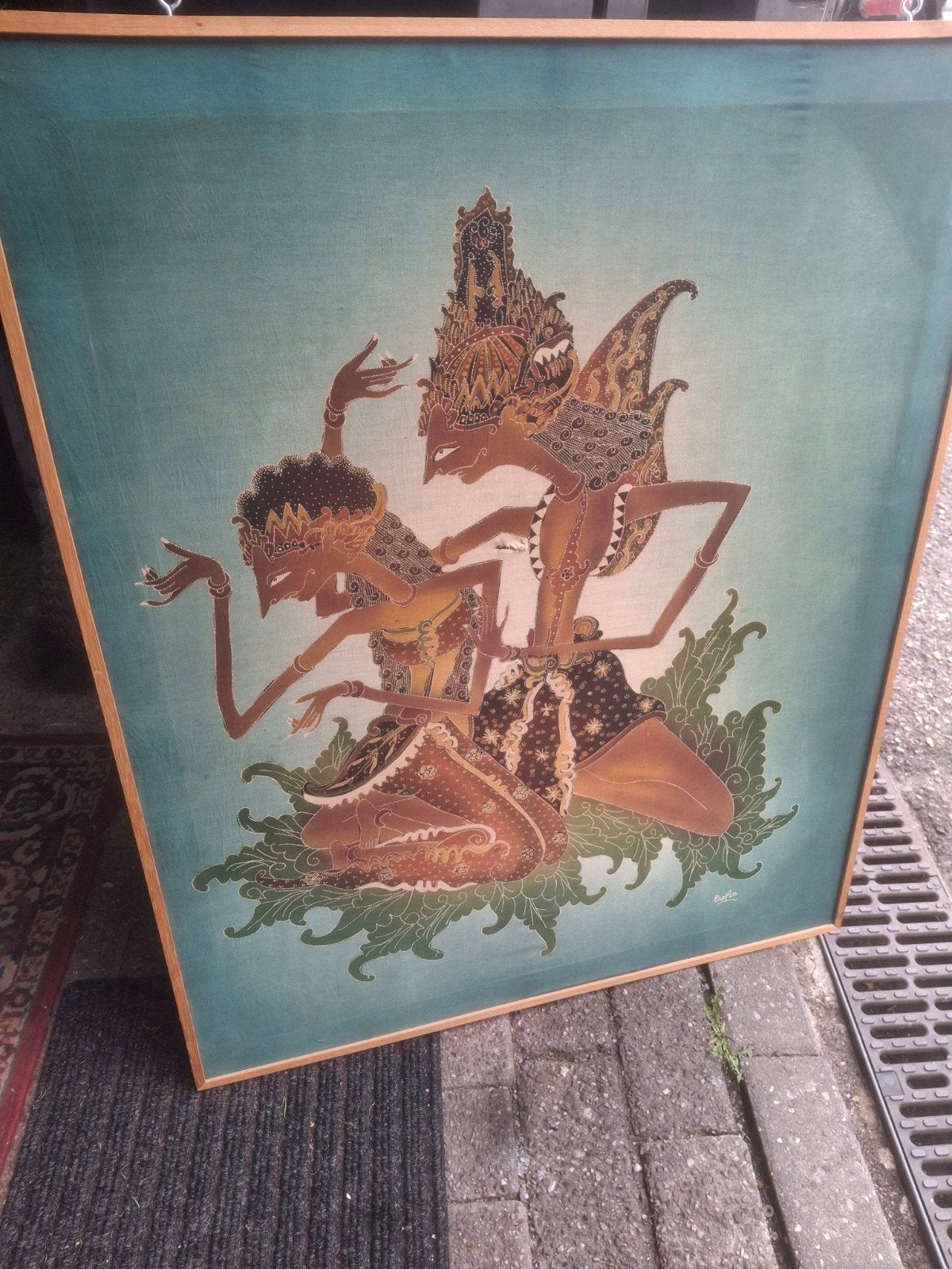 Batik Schilderij Wayang Rama en Sinta - 88x72 cm, Antiek en Kunst, Kunst | Niet-Westerse kunst, Ophalen of Verzenden