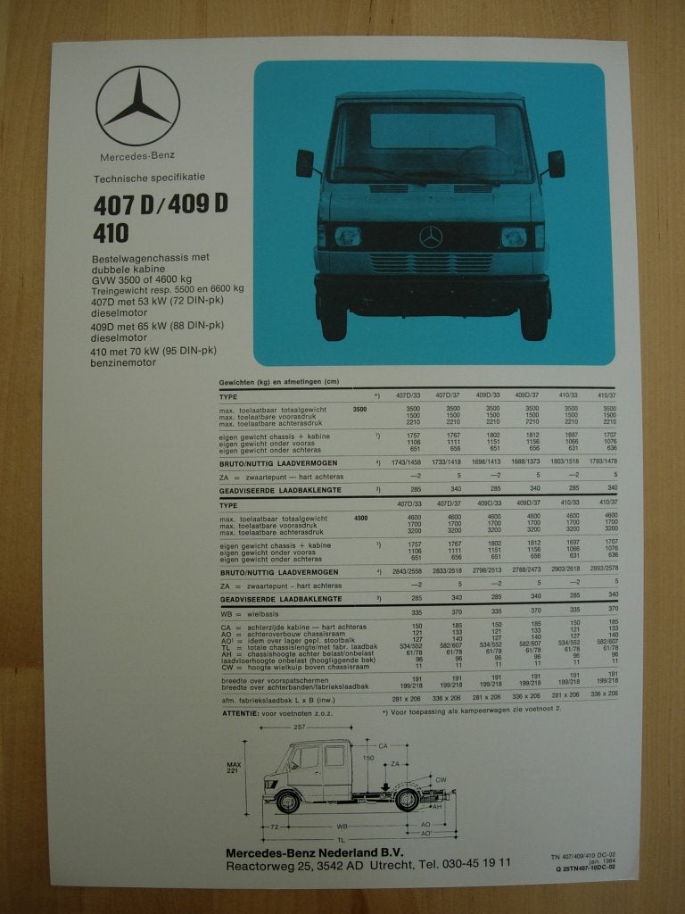 Mercedes 407 409 410 Specificatie Brochure 1984 407D, Zo goed als nieuw, Mercedes-Benz, Mercedes, Ophalen of Verzenden