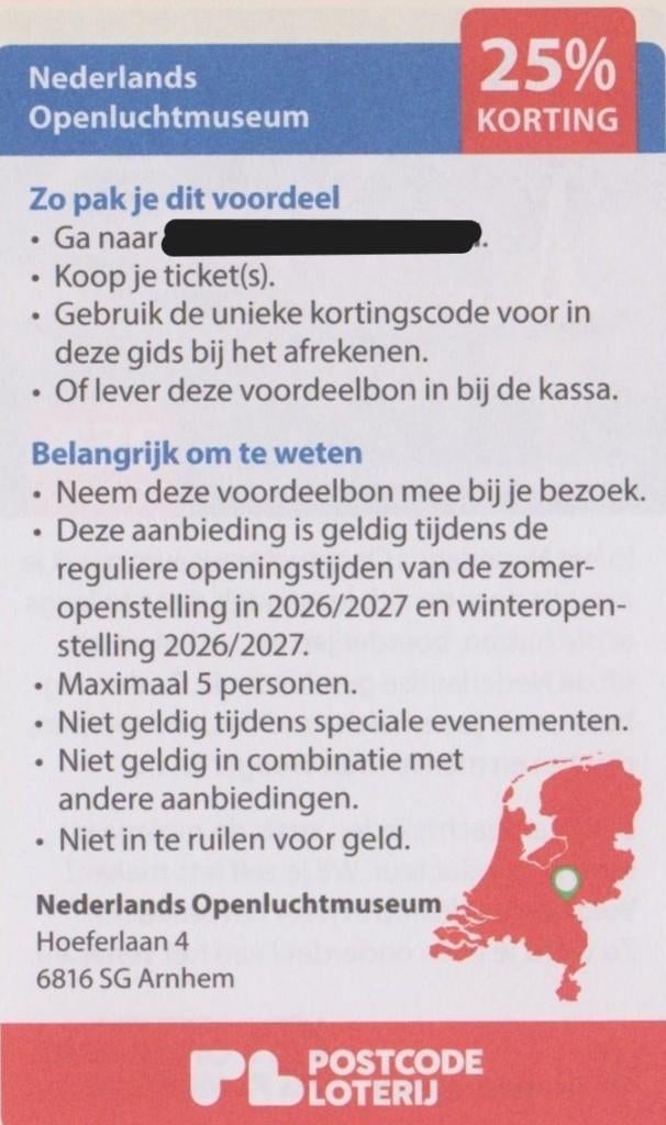 Nederlands Openluchtmuseum. Arnhem. 25% korting. Postcodebon, Tickets en Kaartjes, Musea, Drie personen of meer, Kortingskaart