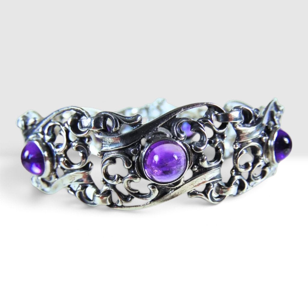 Sublieme ART NOUVEAU 800 zilveren amethist paneel armband!, Verzenden, Zo goed als nieuw, X, Met edelsteen
