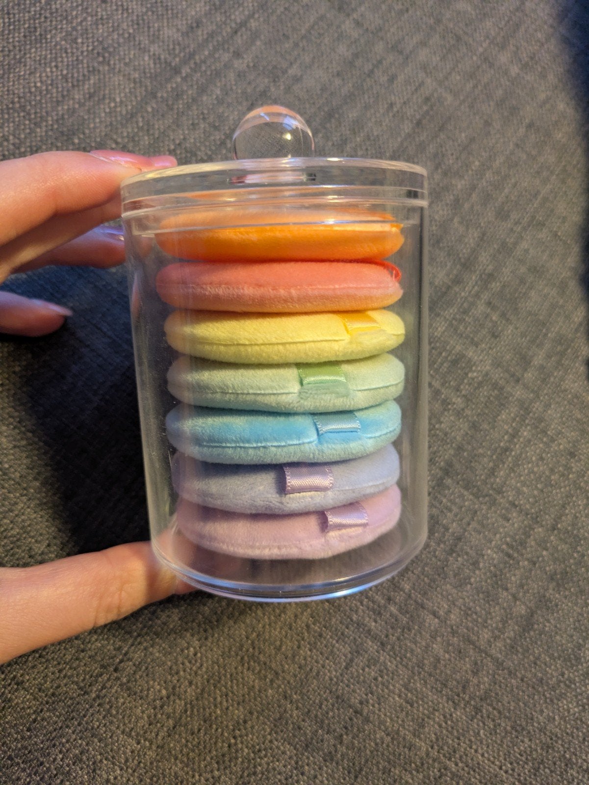 Set van 7 regenboogkleurige poeder puffs in houder, Ophalen of Verzenden