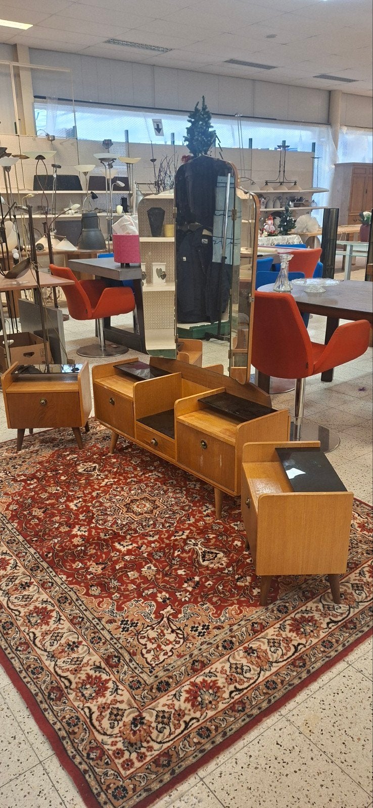 Vintage kaptafel met spiegel en 2 nachtkastjes, Ophalen, Gebruikt, 100 tot 150 cm, 100 tot 150 cm