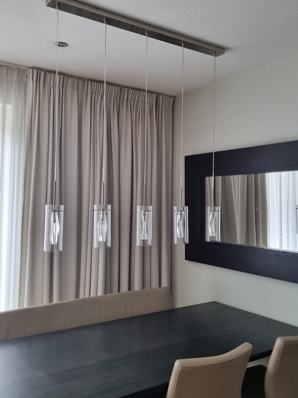 Moderne hanglamp met 5 glazen cilinders (115cm breed), Ophalen, Gebruikt, Glas, Overige fittingen
