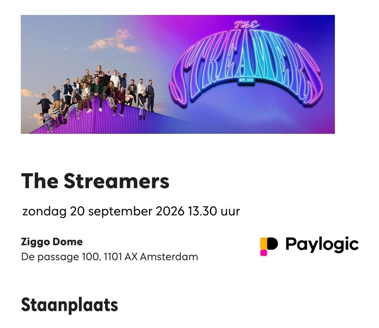 2 staanplaatsen The Streamers 20 september 13:30 uur, Tickets en Kaartjes, Twee personen, September
