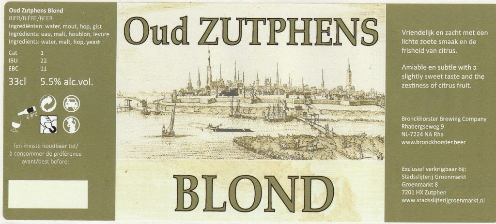 bieretiket Nederland Bronckhorster : Oud Zutphens blond, Verzamelen, Verzenden, Nieuw, Overige typen, Overige merken