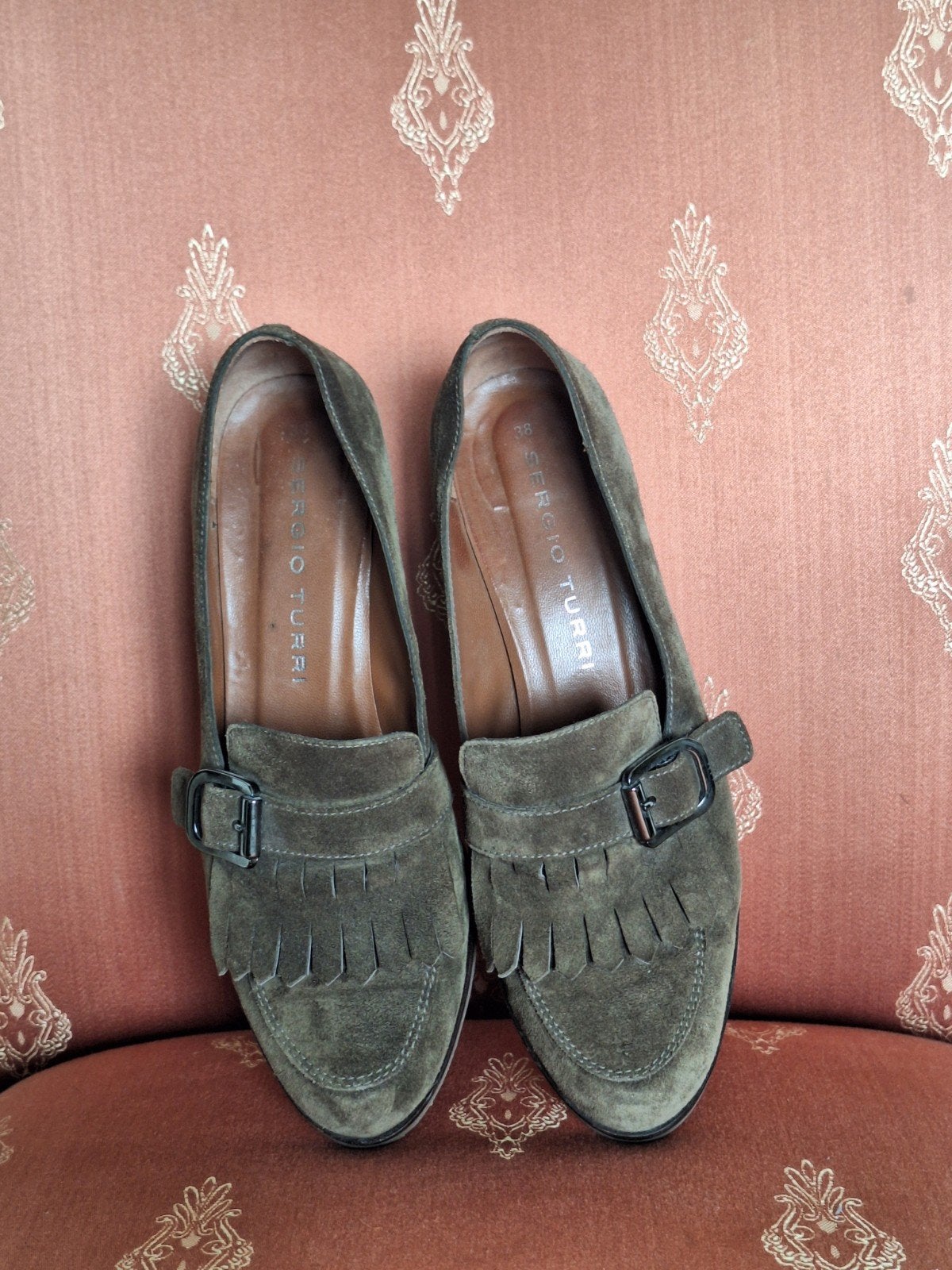 Sergio Turri suède loafers met hak - Maat 38, Bruin, Instappers, Ophalen of Verzenden, Gedragen