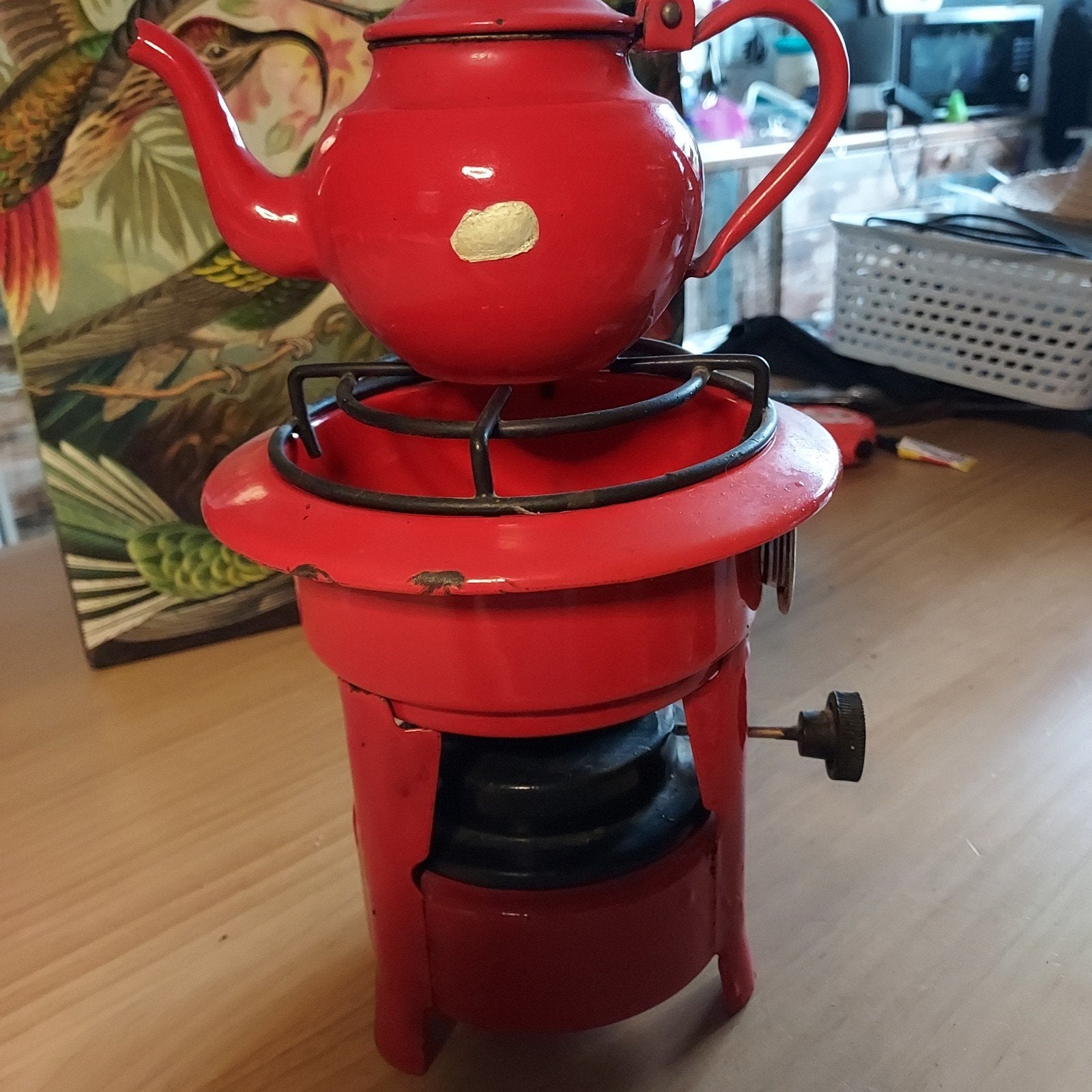 Vintage rode theepot met spiritusbrander, Ophalen