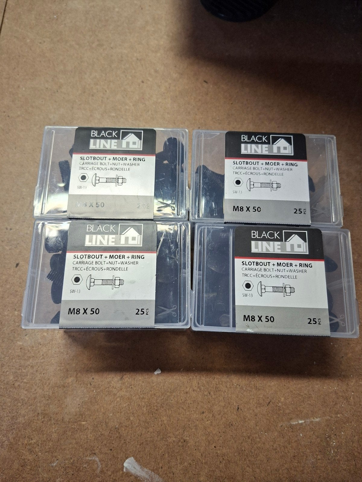 4 Dozen Zwarte Slotbouten M8x50 met Moer en Ring, Ophalen of Verzenden, Nieuw, 50 tot 100 mm, Bouten of Moeren