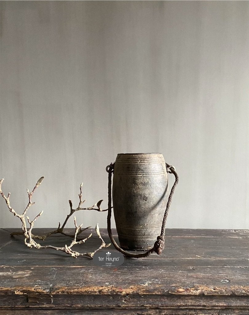 Oud houten Nepalese pot kruik hout stoer sober landelijk, Ophalen of Verzenden, Nieuw, Bruin, Hout